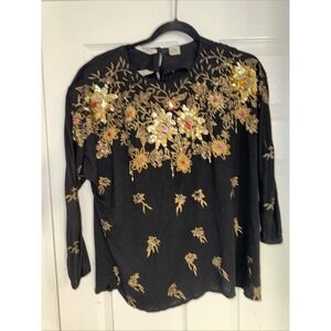 Vintage Jane Ashley Women M Black Sequin Beaded Top Party Blouse Y2K 90s